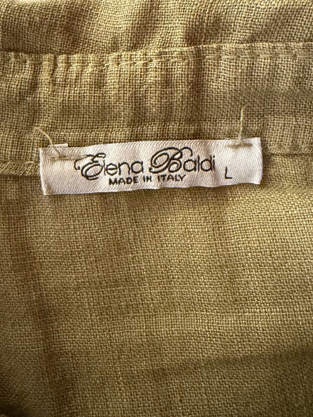 Elena Baldi Linen Dress Tunic Olive Green Roll Tab Sleeve Size Large - Picture 6 of 11